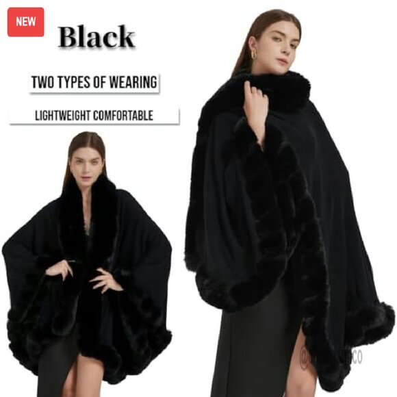 Faux Fur Trim Cardigan Cloak Shawl Wrap Winter Poncho Cape - Picture 4 of 8